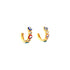 A pair of Multicolor Evil Eye Huggies Earrings featuring 18k gold-filled design, embellished with zirconia and sparkling stones, set against a white background.